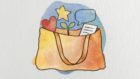 Watercolor of an orange tote bag carrying a heart, a star, a sprouting seedling, a written note, and a speech bubble.