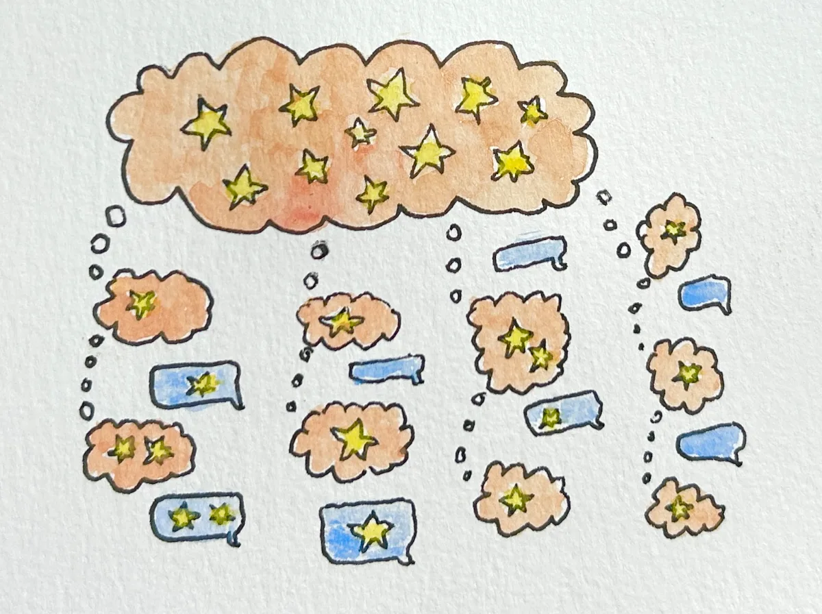 Watercolor of a big orange cloud full of yellow stars, with dotted trails carrying small star-filled clouds and blue speech bubbles down into four separate columns of conversation.